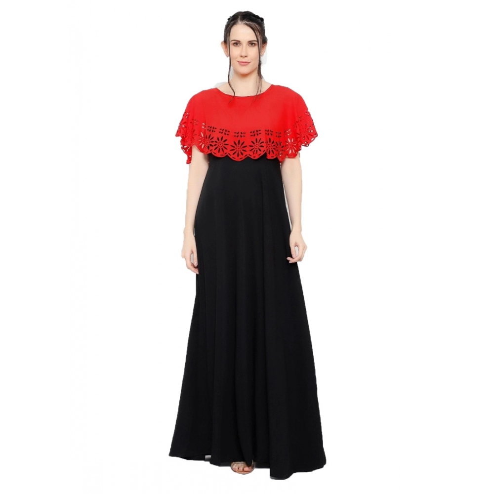 Femilyn Women's Crepe Solid Sleeveless Full Length Gown(Red Black)