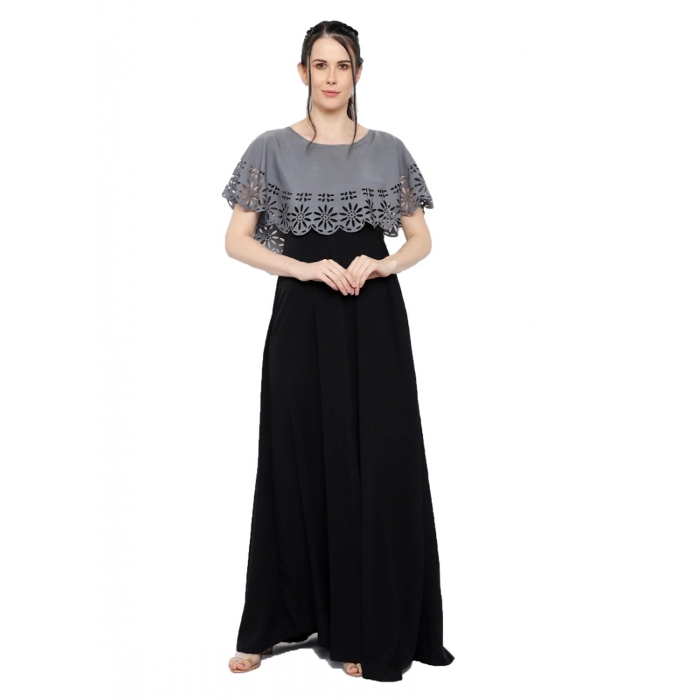 Femilyn Women's Crepe Solid Sleeveless Full Length Gown(Grey Black)