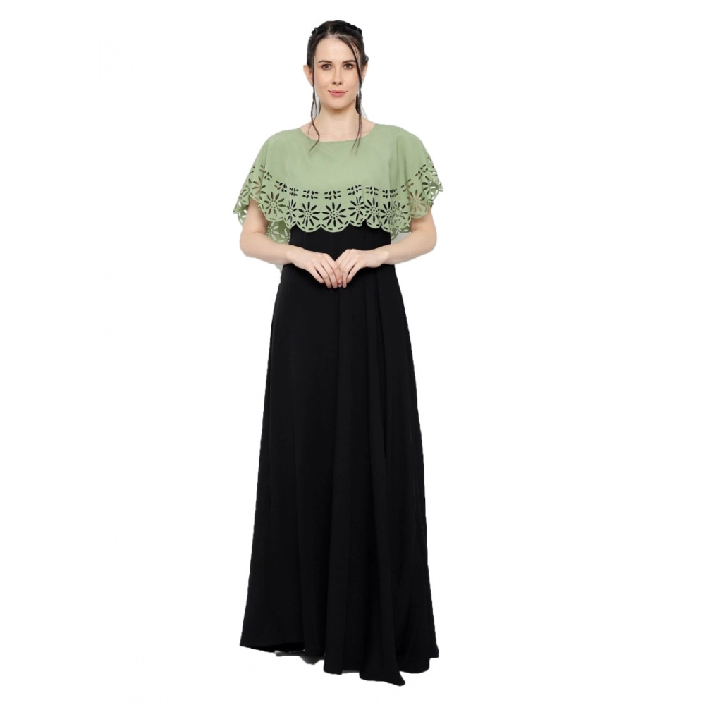 Femilyn Women's Crepe Solid Sleeveless Full Length Gown(Green Black)