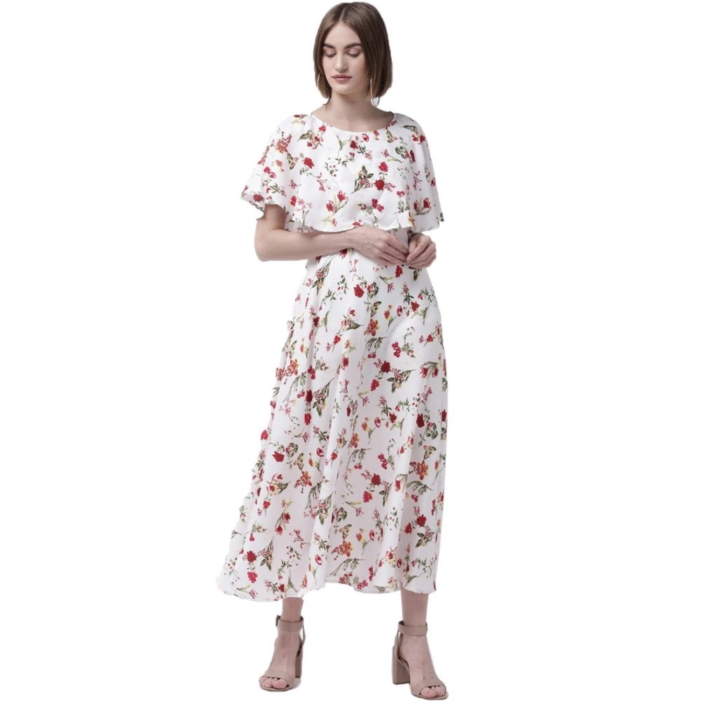 Femilyn Women's Crepe Floral Half Sleeves Full Length Gown(White)