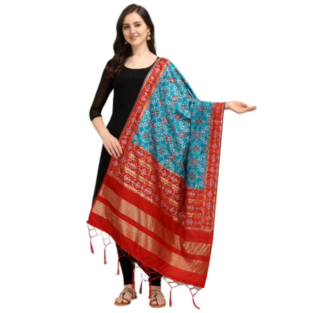 Femilyn Women's Silk Pure weaving Work Duppatta (Blue, Length: 2-2.3 Mtrs)