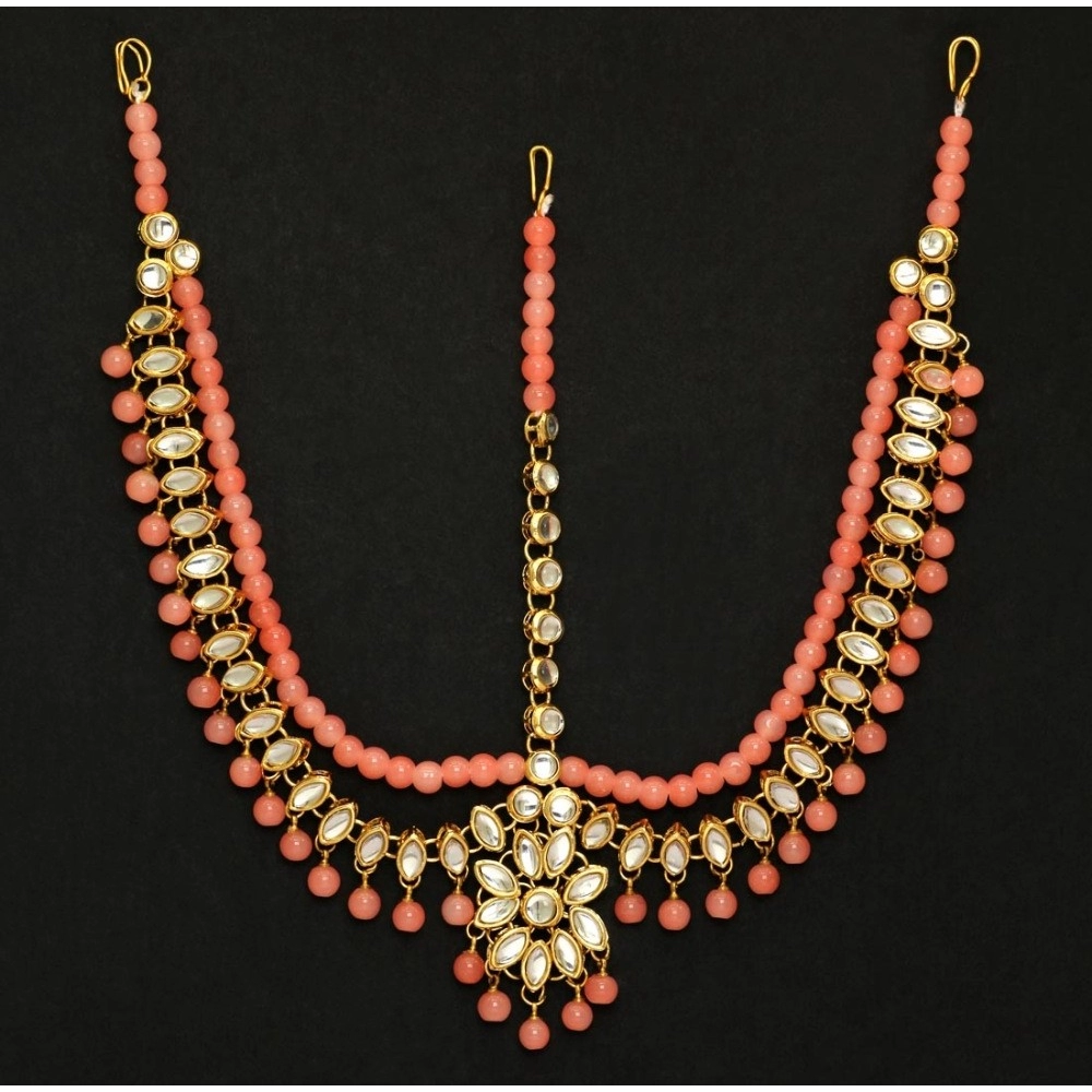 Femilyn Women's Peach Color Kundan Work Matha Patti