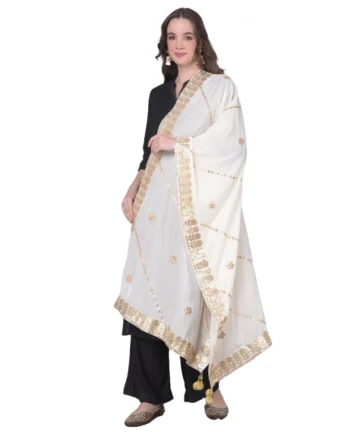 Femilyn Women's Velvet Gotta Patti Dupatta (White, Length: 2.25 to 2.50 Mtr)