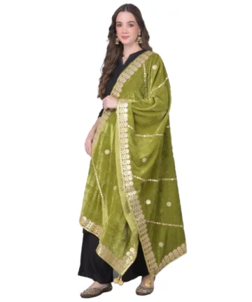 Femilyn Women's Velvet Gotta Patti Dupatta (Olive, Length: 2.25 to 2.50 Mtr)