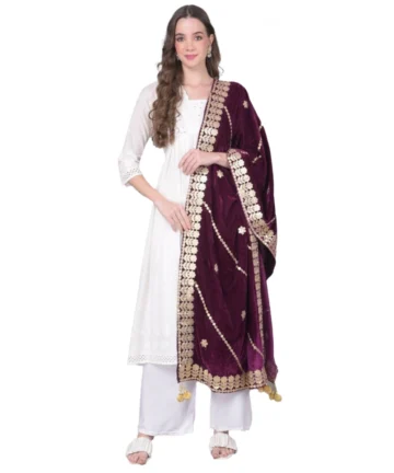 Femilyn Women's Velvet Gotta Patti Dupatta (Wine, Length: 2.25 to 2.50 Mtr)