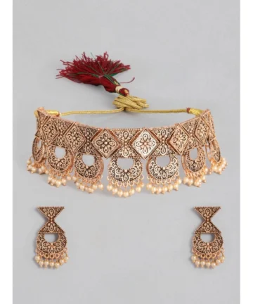 Femilyn Women's Rose Gold Plated Alloy Necklace & Earings Set (Gold)
