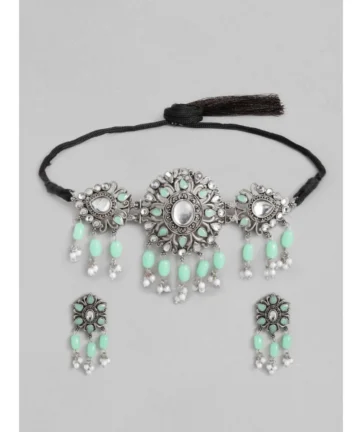 Femilyn Women's Rose Gold Plated Alloy Necklace & Earings Set (Light Green)