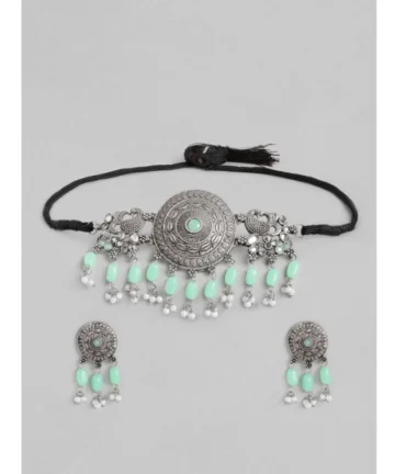 Femilyn Women's Rose Gold Plated Alloy Necklace & Earings Set (Light Green)