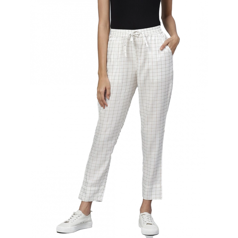 Femilyn Women's Casual Checked Rayon Trouser Pant (White)