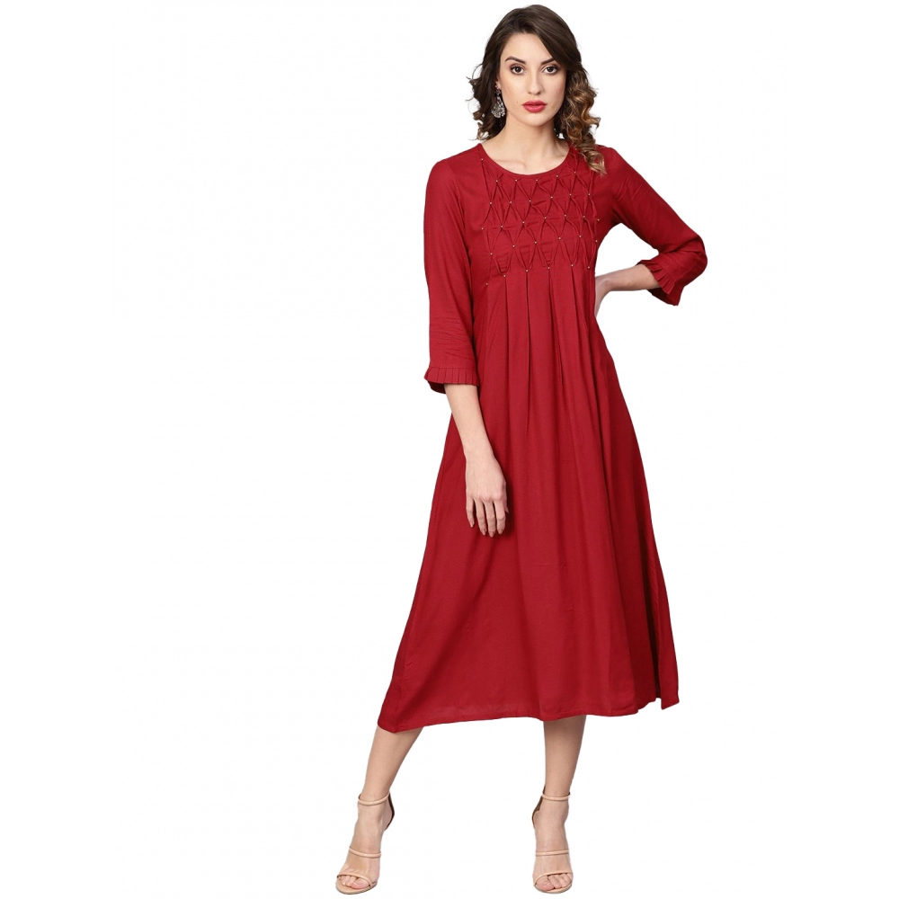 Femilyn  Women's Casual 3/4 th Sleeve Solid Rayon Dobby Dress (Maroon)