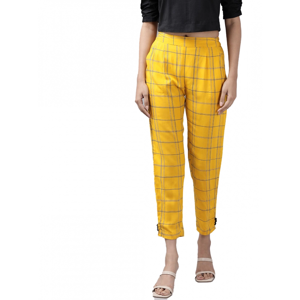 Femilyn Women's Casual Checked Rayon Trouser Pant (Yellow)
