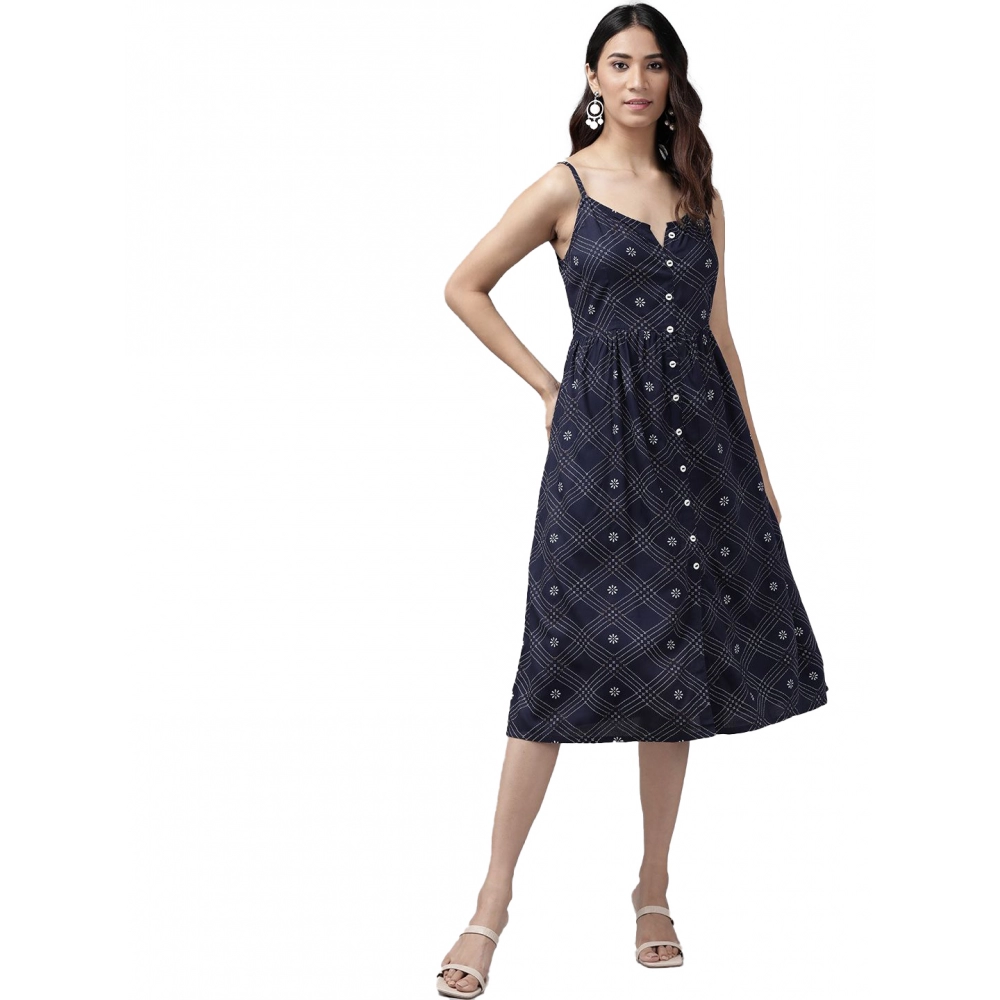 Femilyn  Women's Casual Sleeveless Stripe Printed Rayon Dress (Blue)