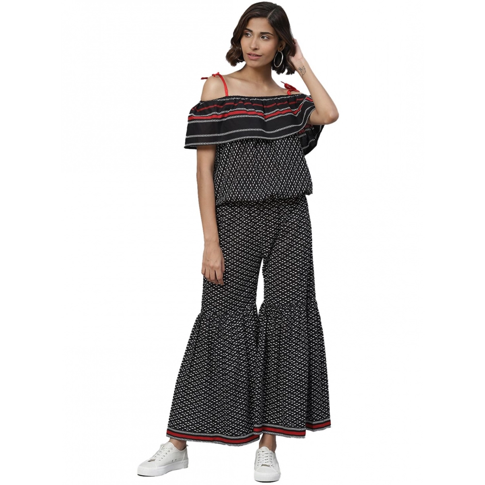 Femilyn  Women's Casual shoulder sleeve Geomatrical Printed Cotton Dress (Black)