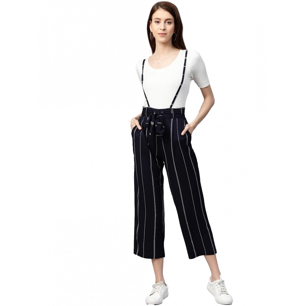 Femilyn  Women's Casual Short Sleeve Striped Rayon Dungaree (Blue)