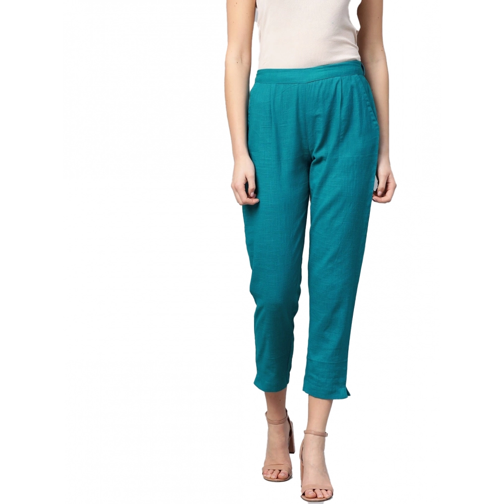Femilyn Women's Casual Solid Cotton Slub Trouser Pant (Rama Blue)