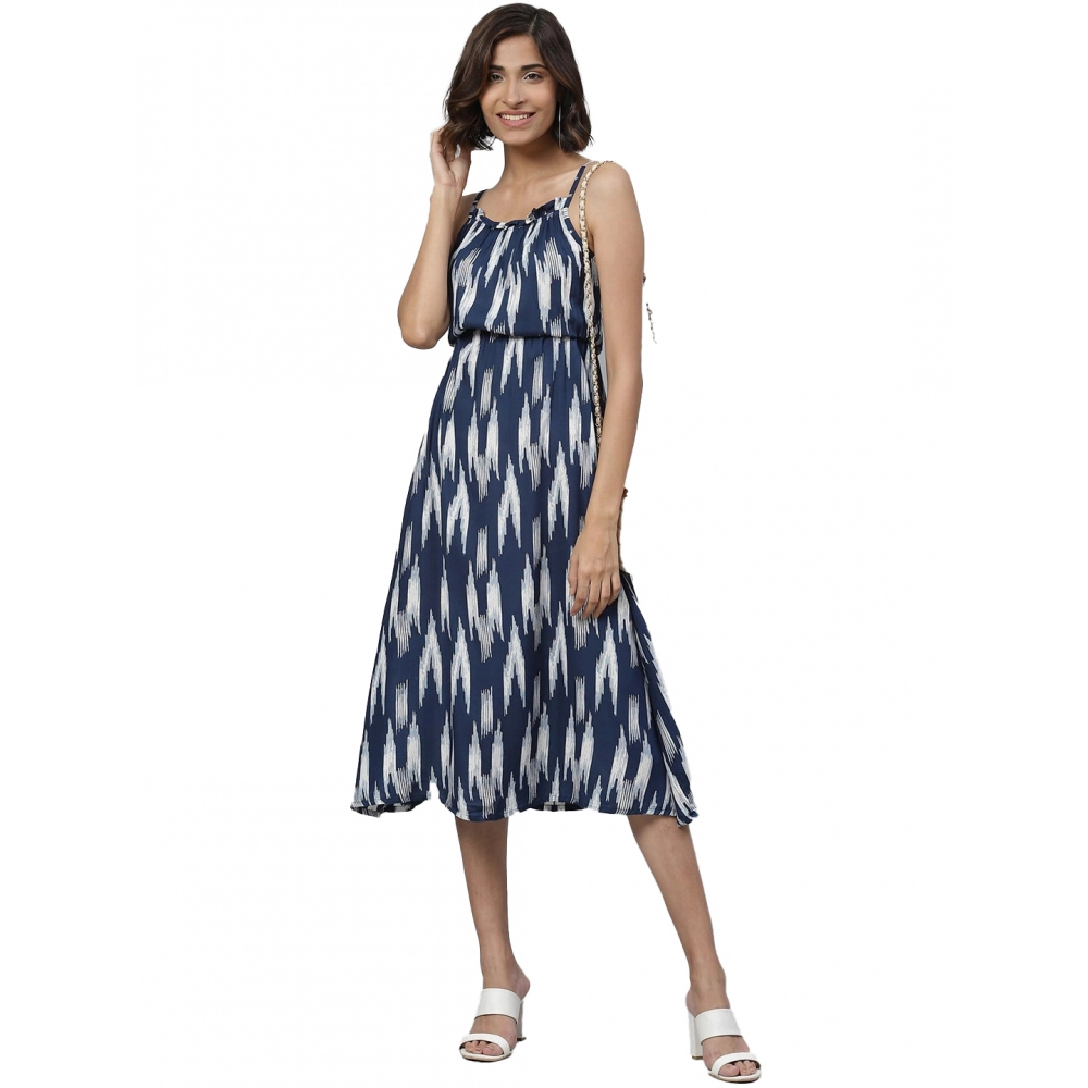 Femilyn  Women's Casual Sleeveless Ikat Print Rayon Dress (Blue)