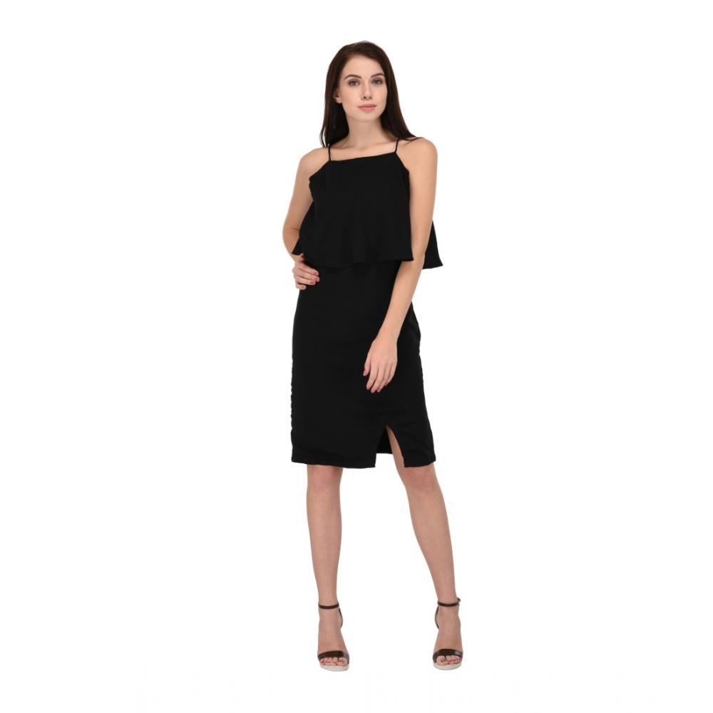 Femilyn  Women's Cotton Blend Solid Sleeveless Dress (Black)