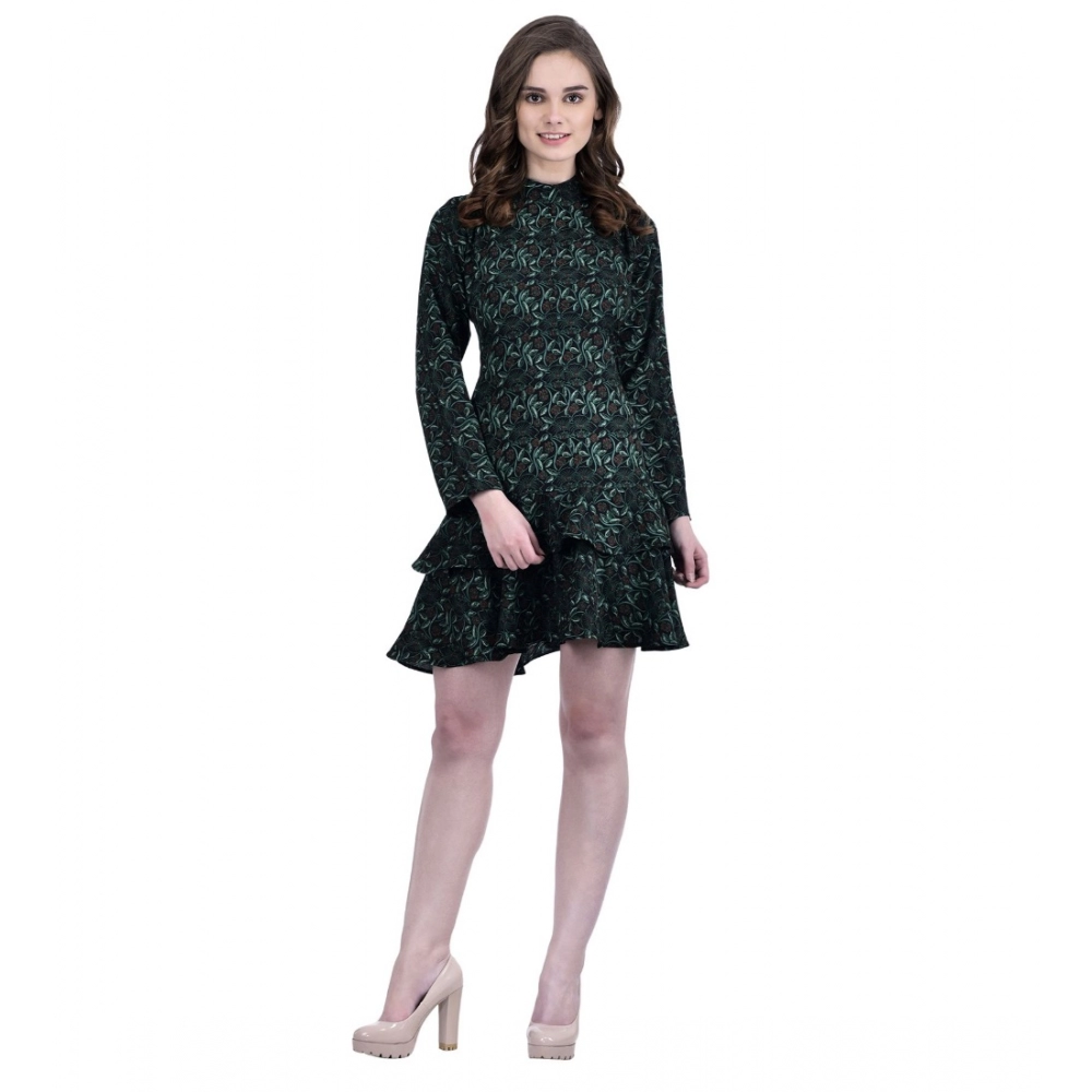 Femilyn  Women's Cotton Blend Floral Full Sleeves Dress (Green)