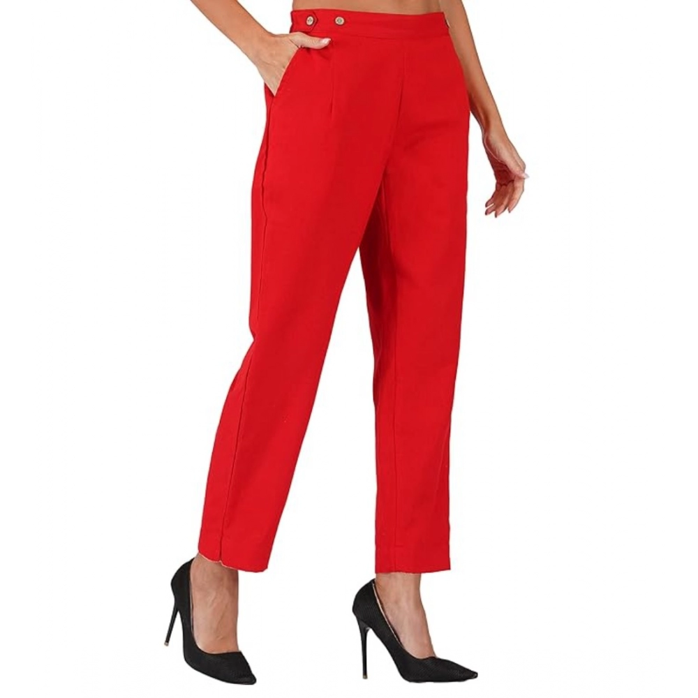Femilyn Women's Casual Cotton Flax Solid Adjustable Waist Trouser Pants (Red)