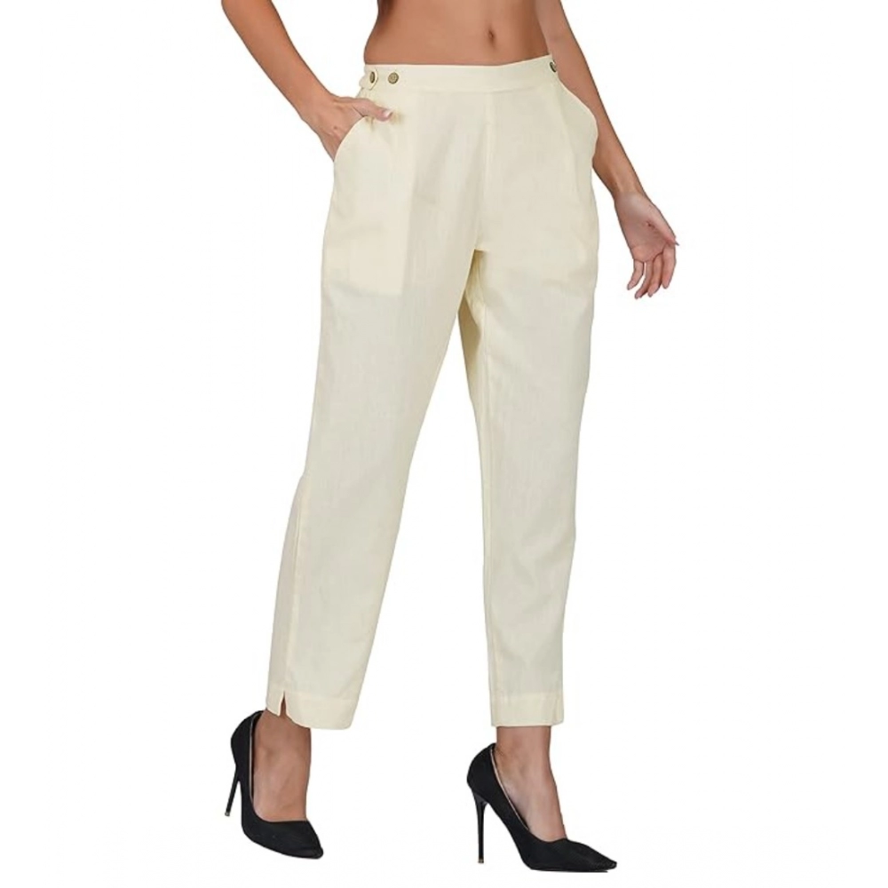Femilyn Women's Casual Cotton Flax Solid Adjustable Waist Trouser Pants (Cream)