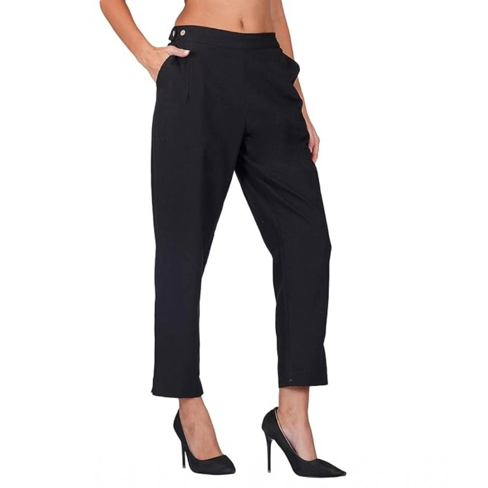 Femilyn Women's Casual Cotton Flax Solid Adjustable Waist Trouser Pants (Black)