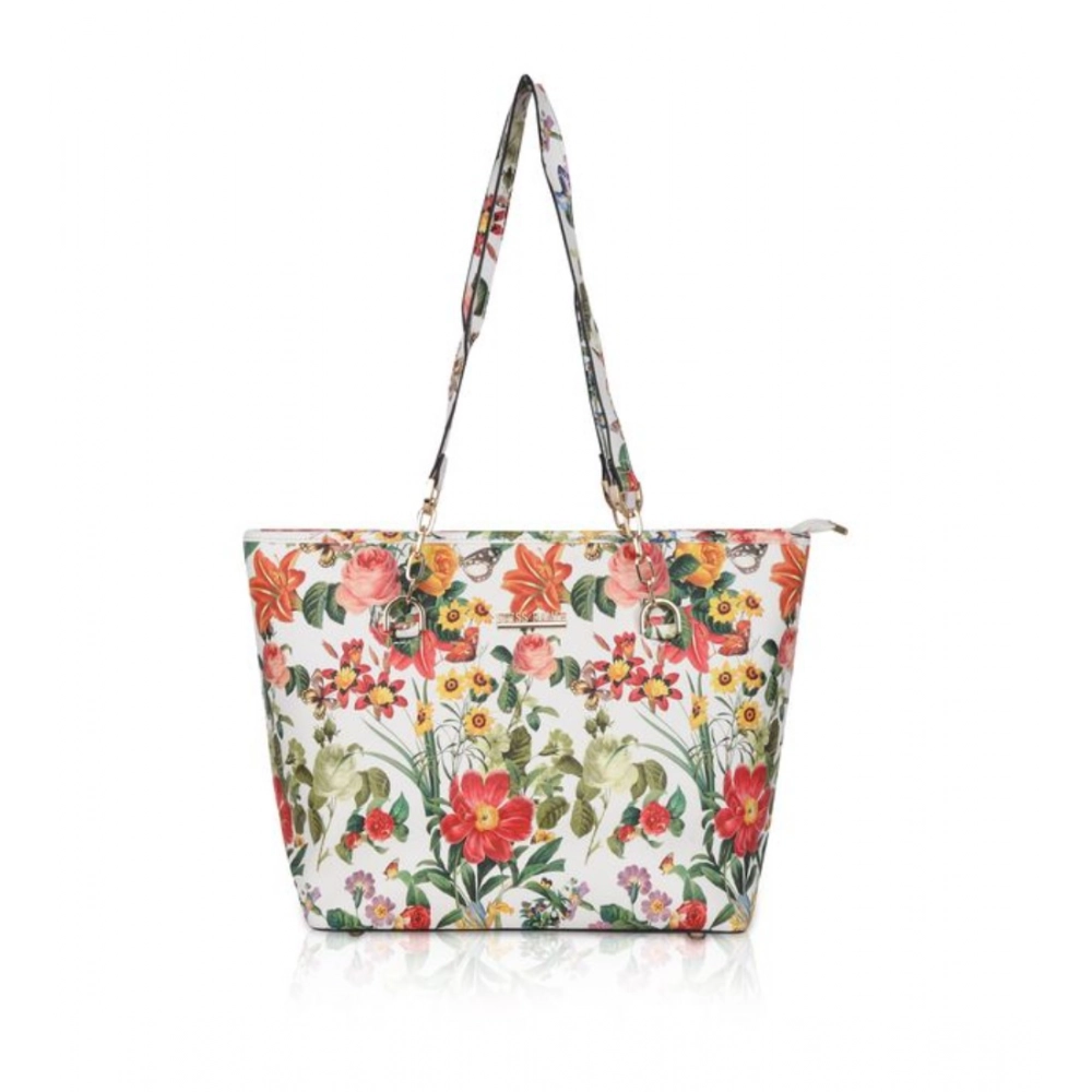Femilyn Women's Faux Leather Printed Tote Bag (White Orang)
