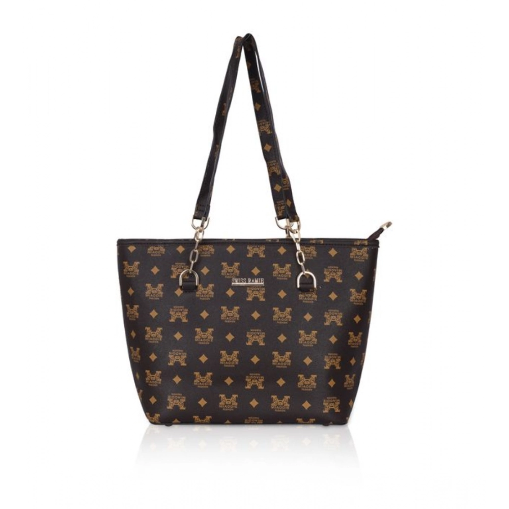 Femilyn Women's Faux Leather Printed Tote Bag (Brown)