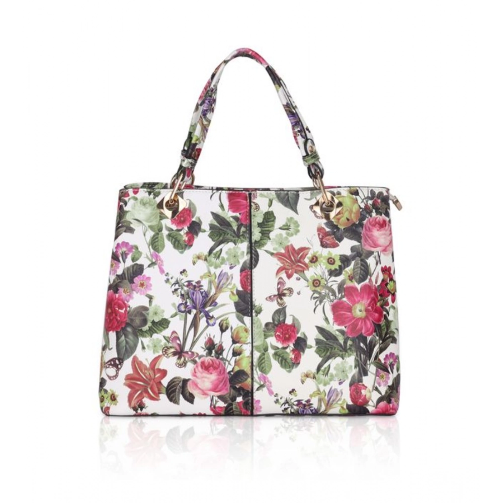 Femilyn Women's Faux Leather Printed Handheld Bag (White Pink)