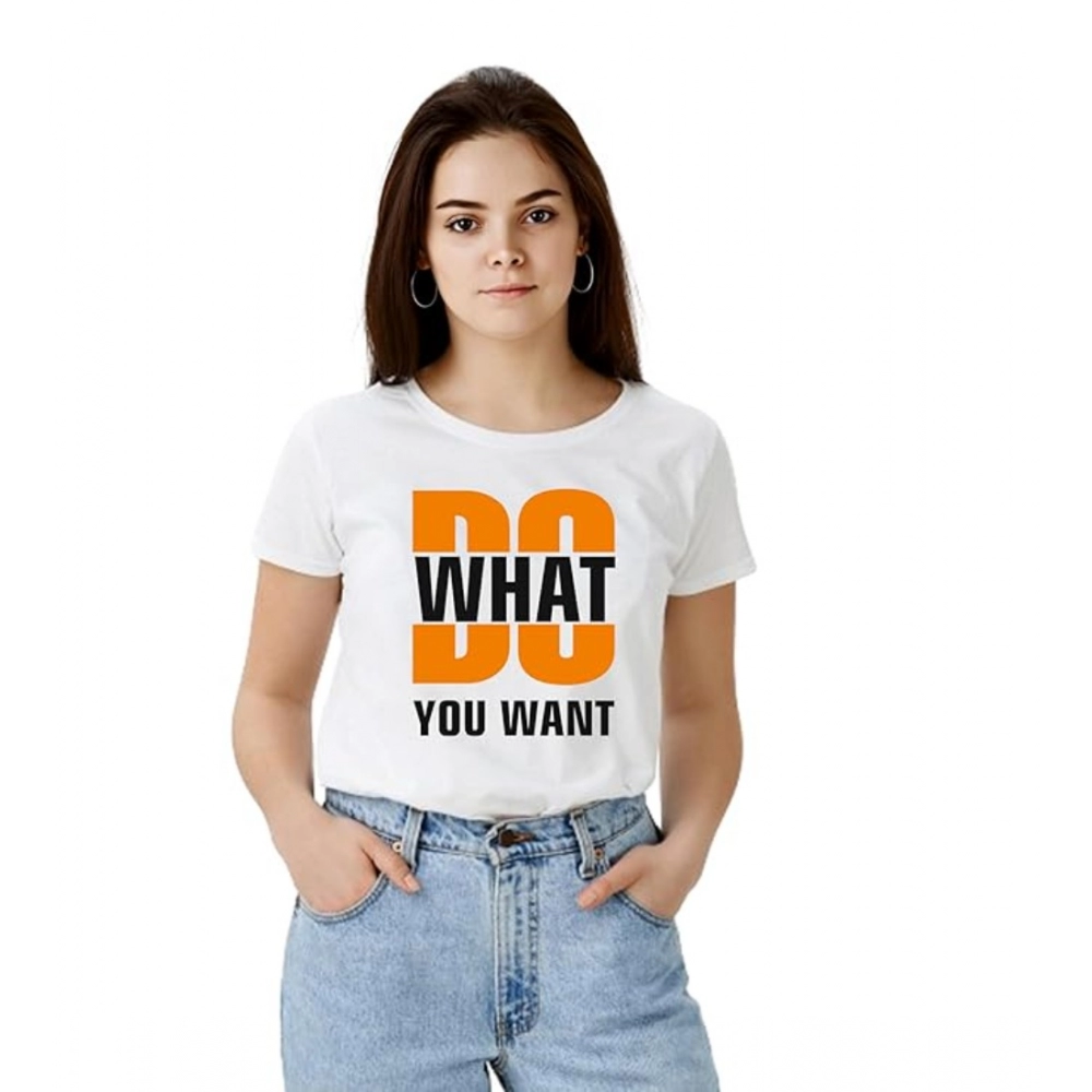 Femilyn Women's Polyester Solid Printed Round Neck Half Sleeve T-shirt (White)
