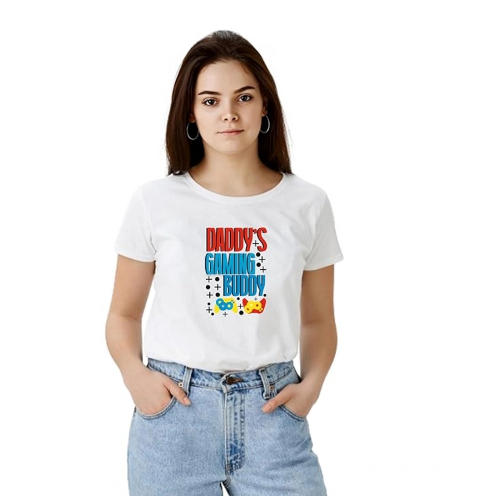 Femilyn Women's Polyester Solid Printed Round Neck Half Sleeve T-shirt (White)