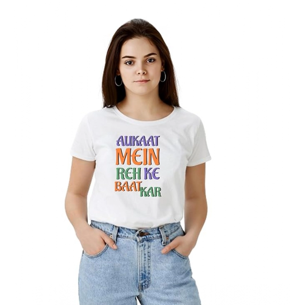 Femilyn Women's Polyester Solid Printed Round Neck Half Sleeve T-shirt (White)