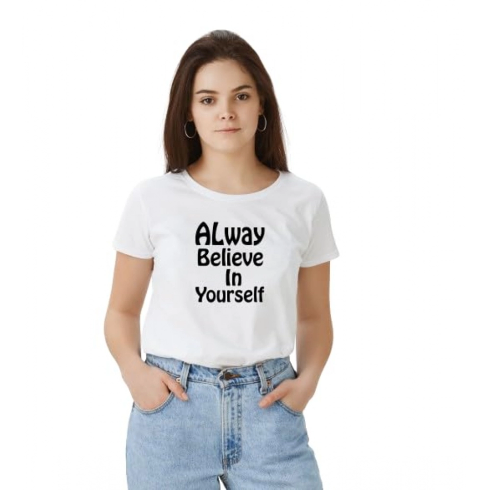 Femilyn Women's Polyester Solid Printed Round Neck Half Sleeve T-shirt (White)