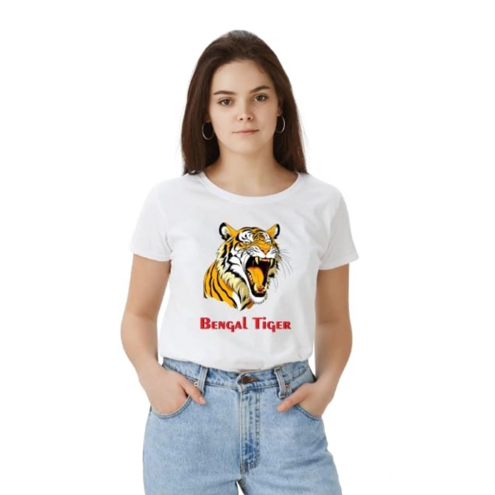 Femilyn Women's Polyester Solid Printed Round Neck Half Sleeve T-shirt (White)