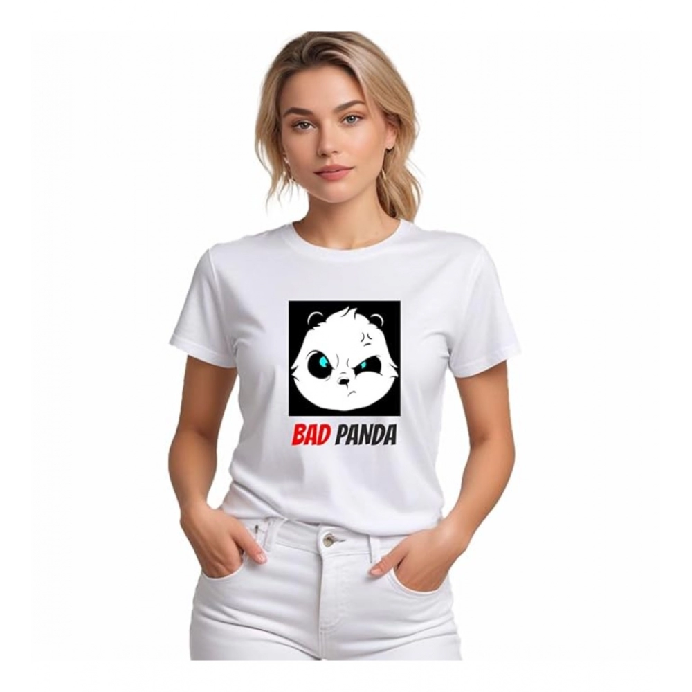 Femilyn Women's Polyester Solid Printed Round Neck Half Sleeve T-shirt (White)