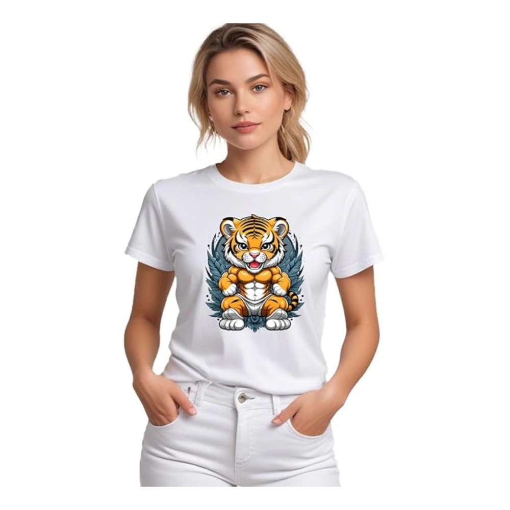 Femilyn Women's Polyester Solid Printed Round Neck Half Sleeve T-shirt (White)