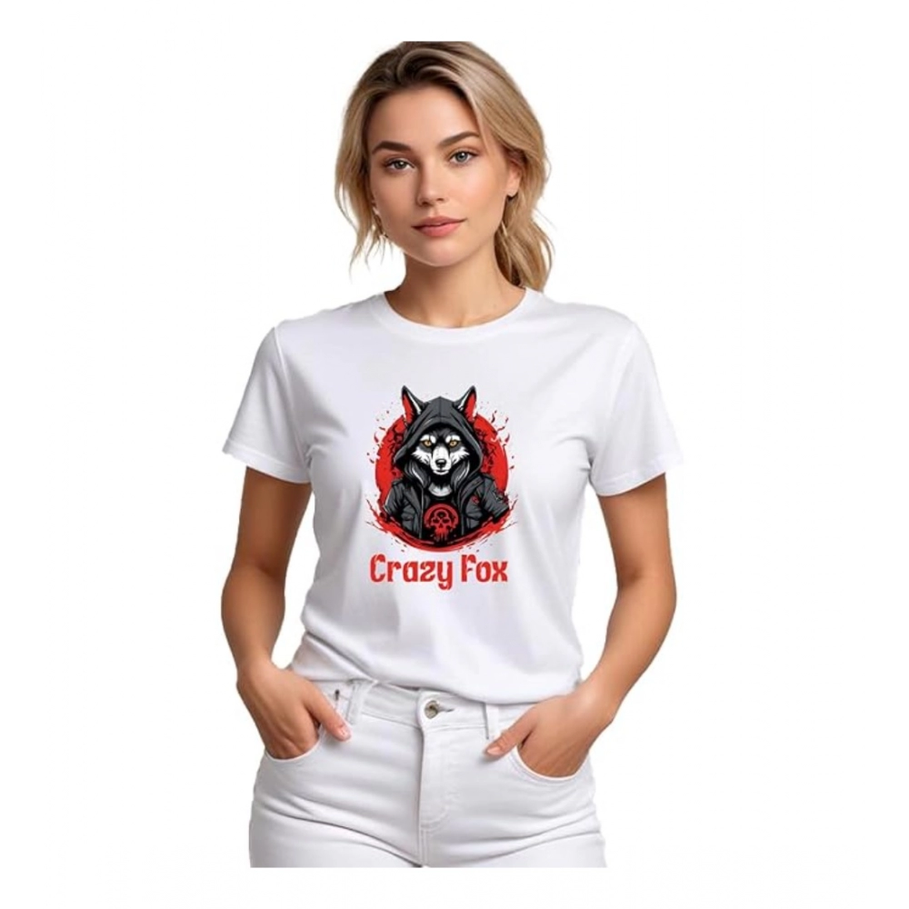 Femilyn Women's Polyester Solid Printed Round Neck Half Sleeve T-shirt (White)