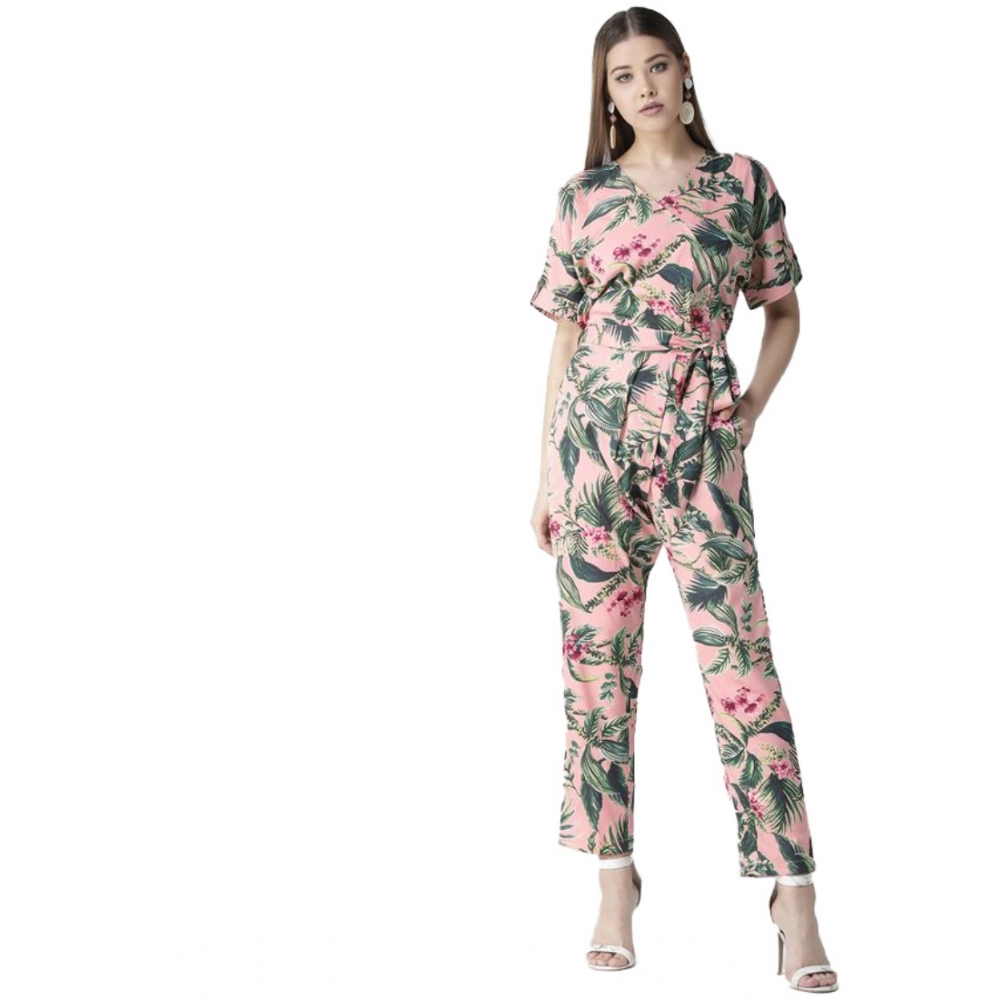 Femilyn  Women's Polyester Floral Half Sleeve Jumpsuit (Pink)