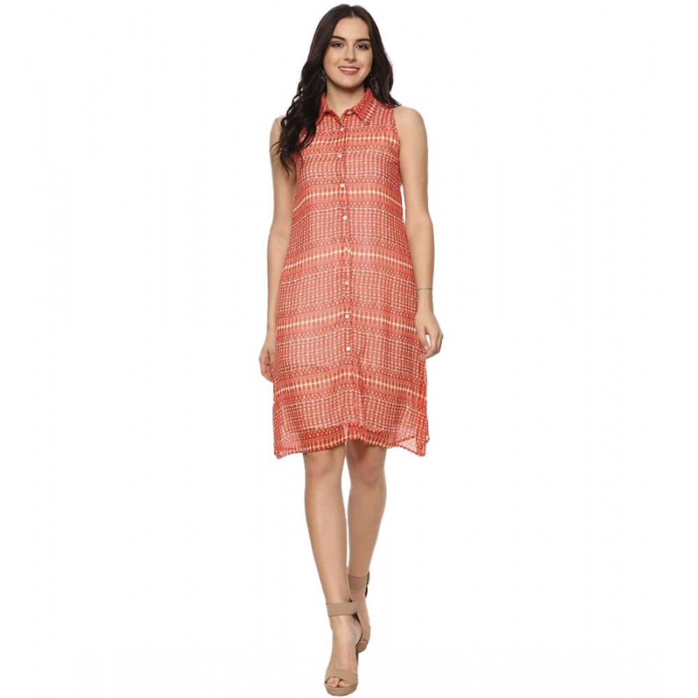 Femilyn  Women's Polyester Printed Sleeveless Above Knee Dress (Orange)