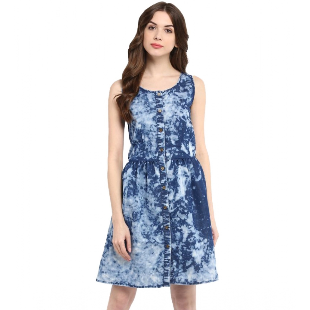 Femilyn Women's Denim Tie & Dye Sleeveless Above Knee Dress (Blue)