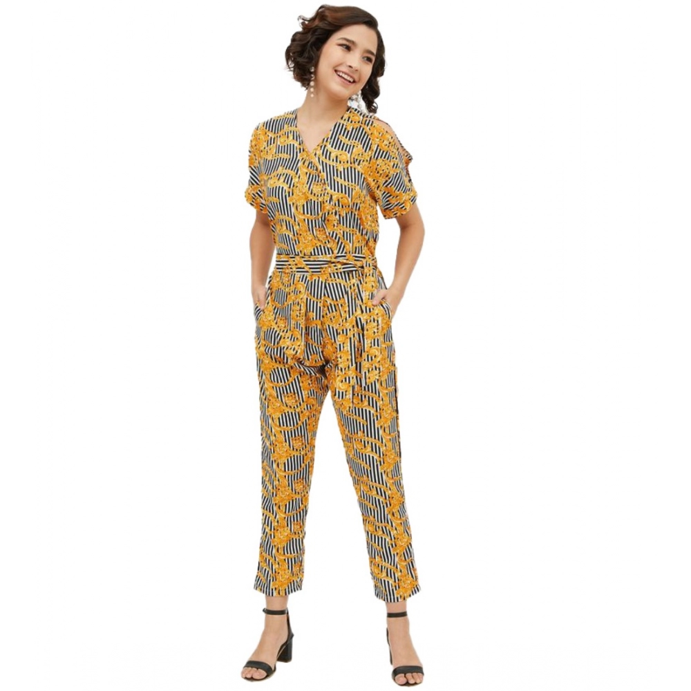 Femilyn Women's Polyester Printed Half Sleeve Long Jumpsuit (Yellow)