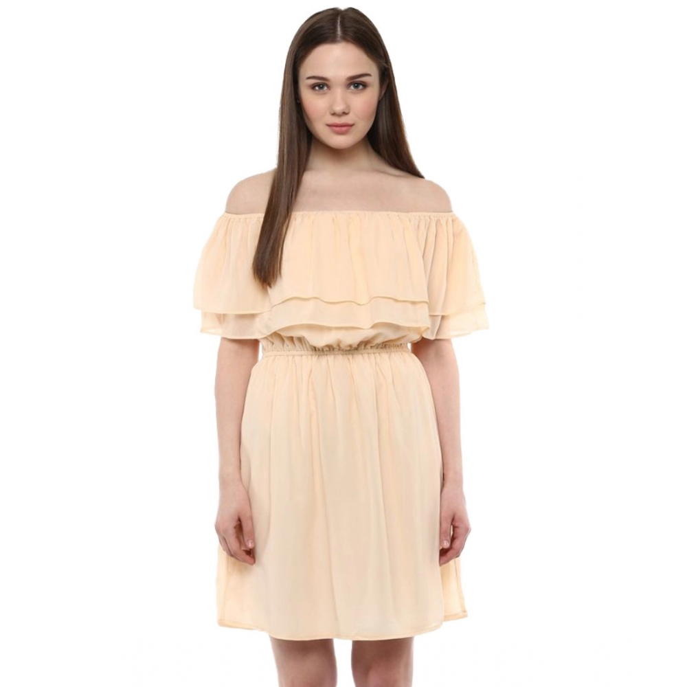 Femilyn  Women's Polyester Solid Sleeveless Knee-Length Dress (Beige)