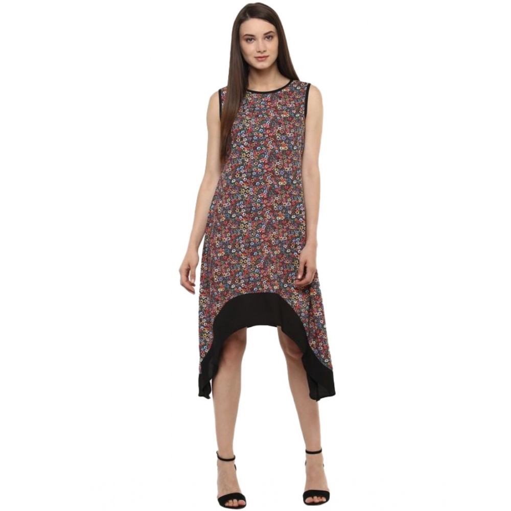 Femilyn  Women's Polyester Printed Sleeveless Knee-Length Dress (Multicolor)