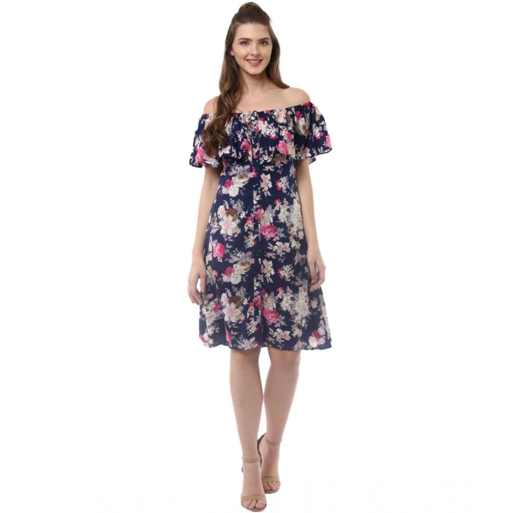 Femilyn Women's Polyester Crepe Floral Half Sleeve Above Knee Dress (Navy Blue)
