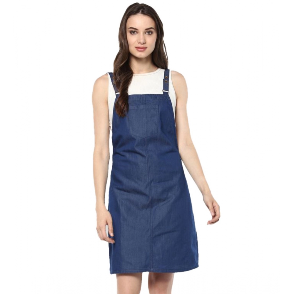 Femilyn  Women's Denim Solid Shoulder Straps Above Knee Dress (Blue)