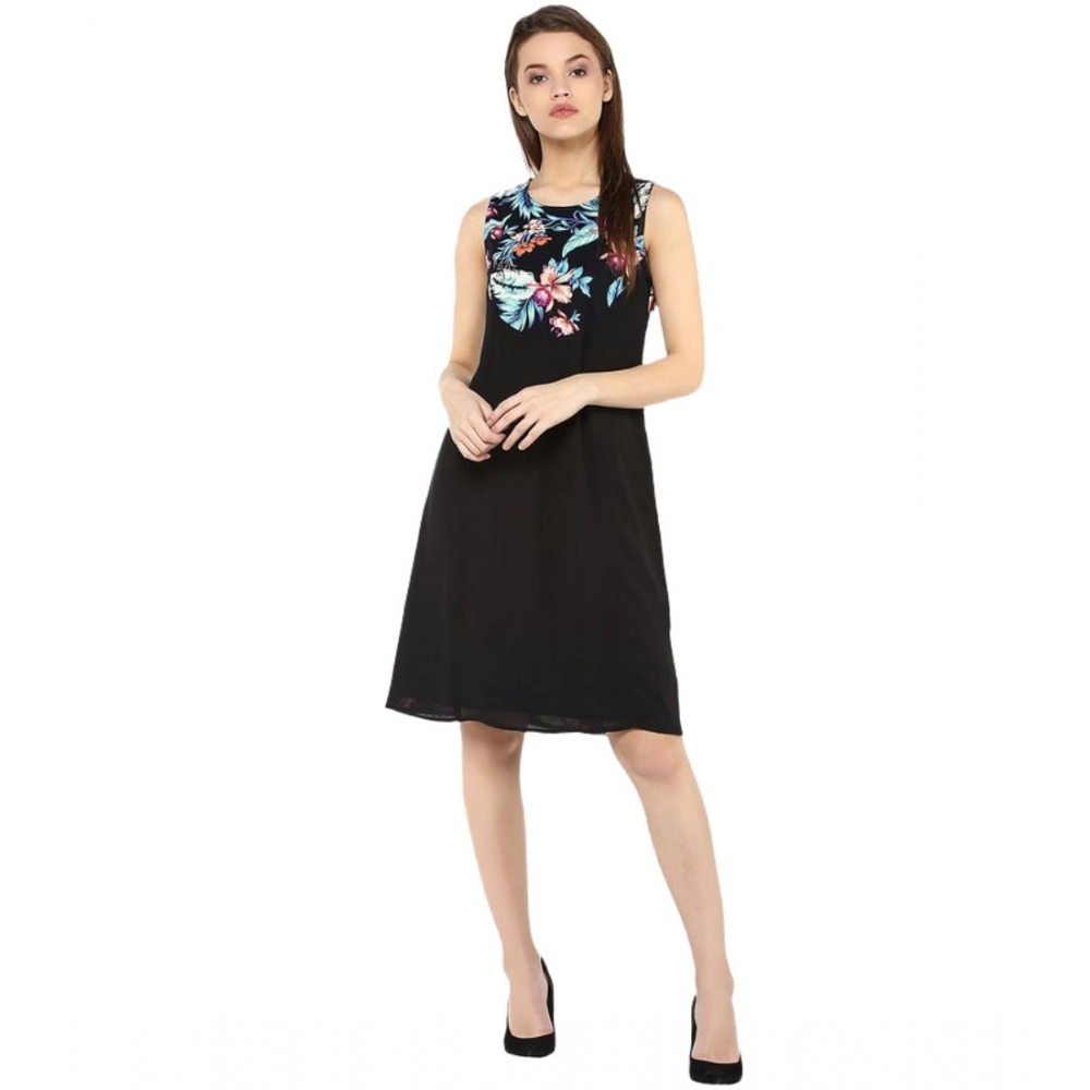 Femilyn  Women's Polyester Printed Sleeveless Above Knee Dress (Black - Multicolor)