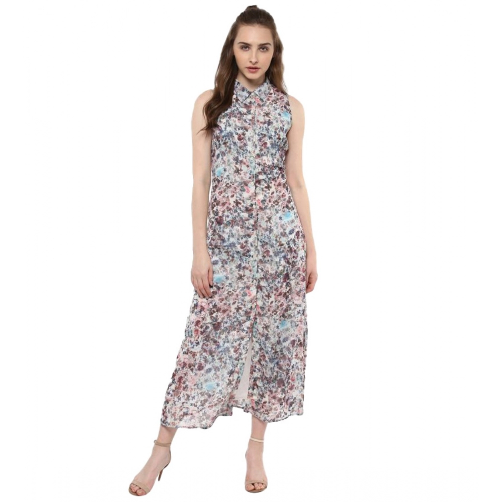 Femilyn  Women's Polyester Chiffon Printed Sleeveless Dress (Multicolor)