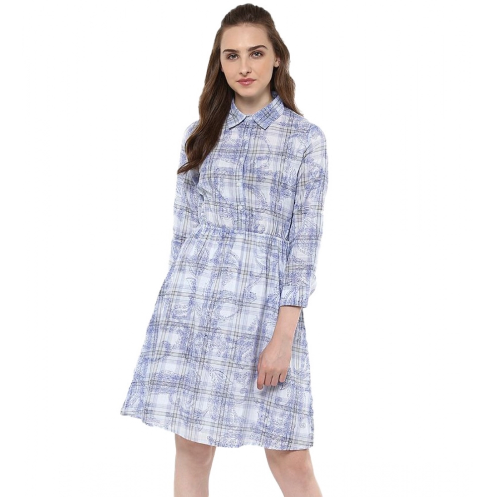 Femilyn  Women's Cotton Checkered Roll Up Sleeve Above Knee Dress (Blue)