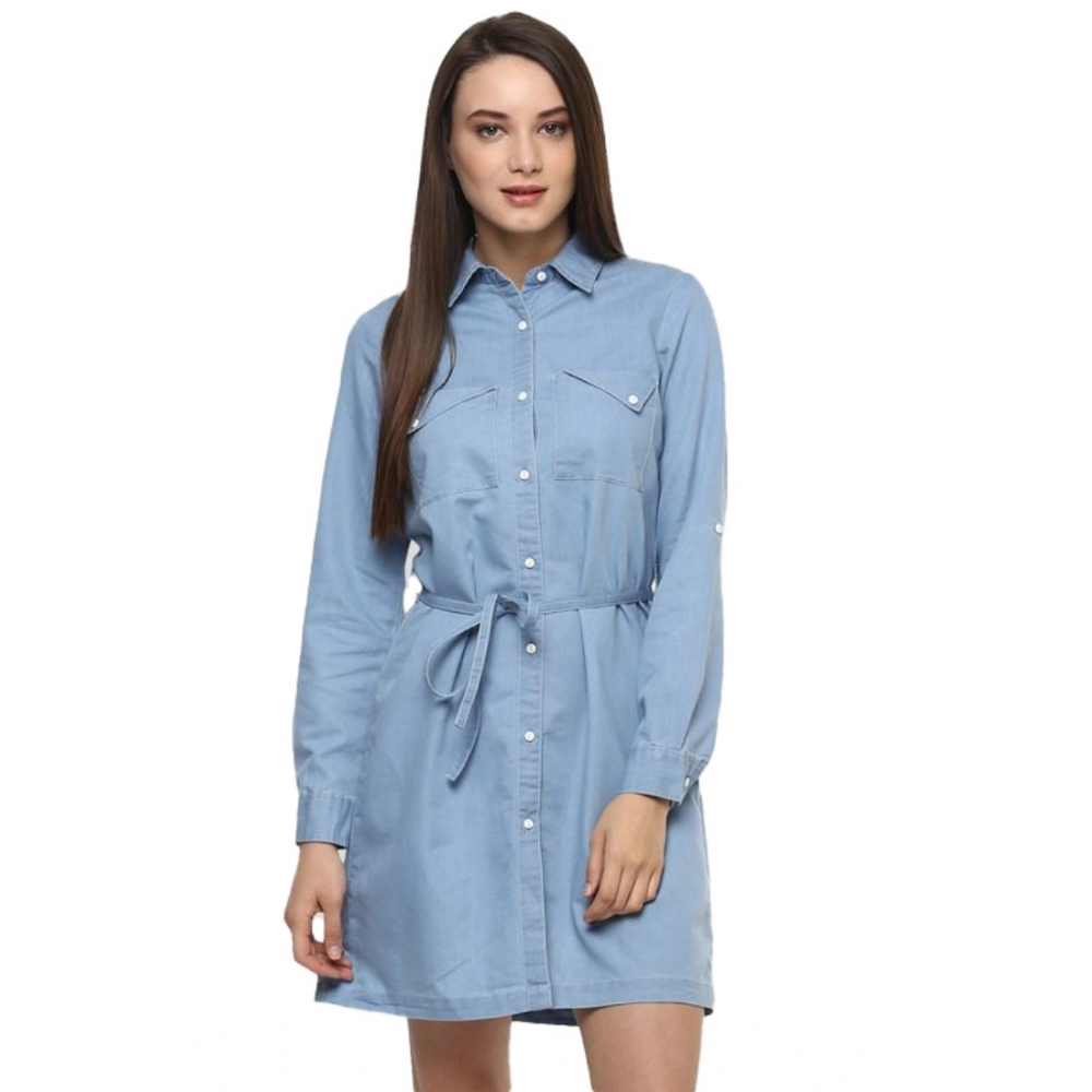 Femilyn  Women's Denim Solid Long Sleeves Above Knee Dress (Blue)