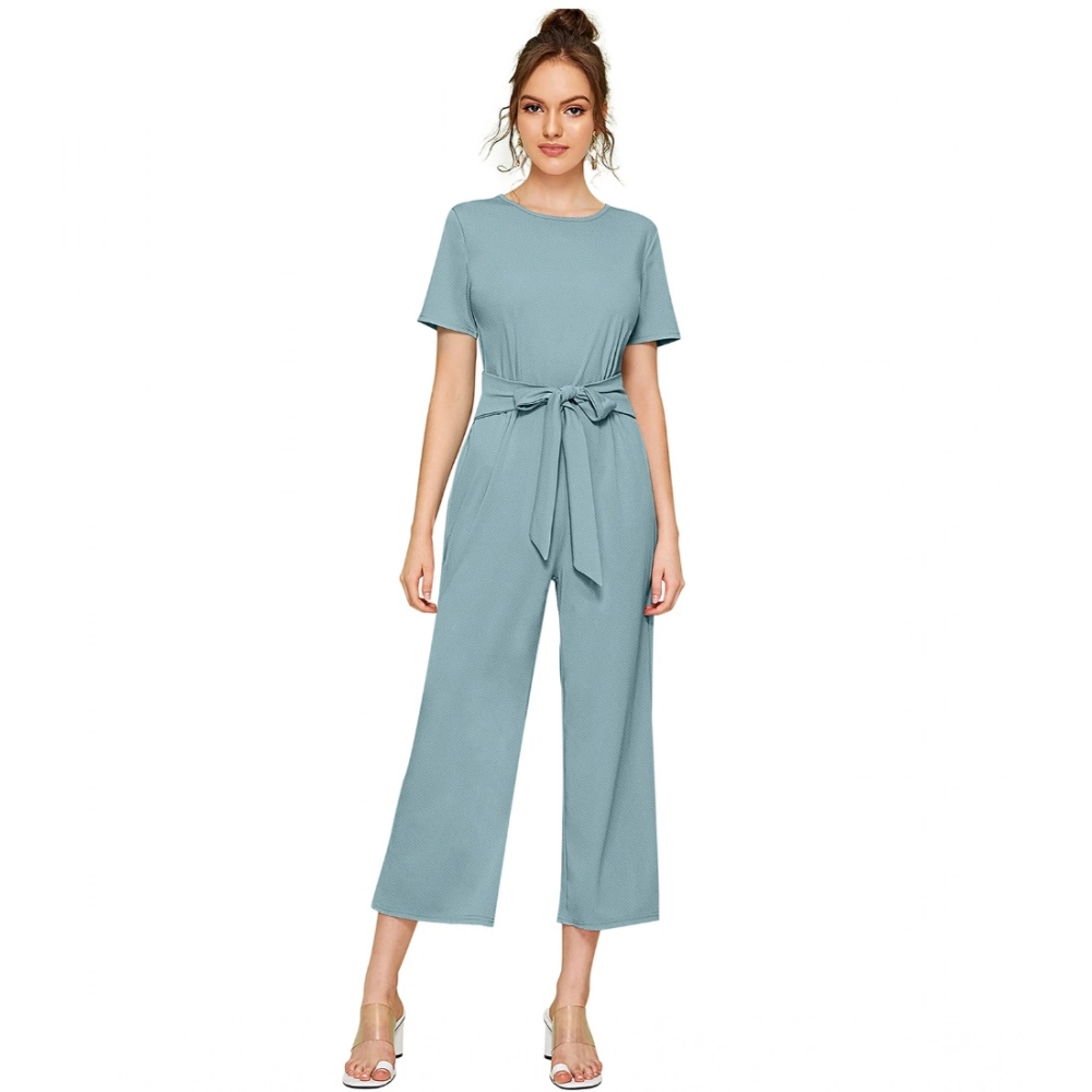 Femilyn Women's Knitting stretchable Solid Round Neck Cap Sleeve Jumpsuit (Pista )