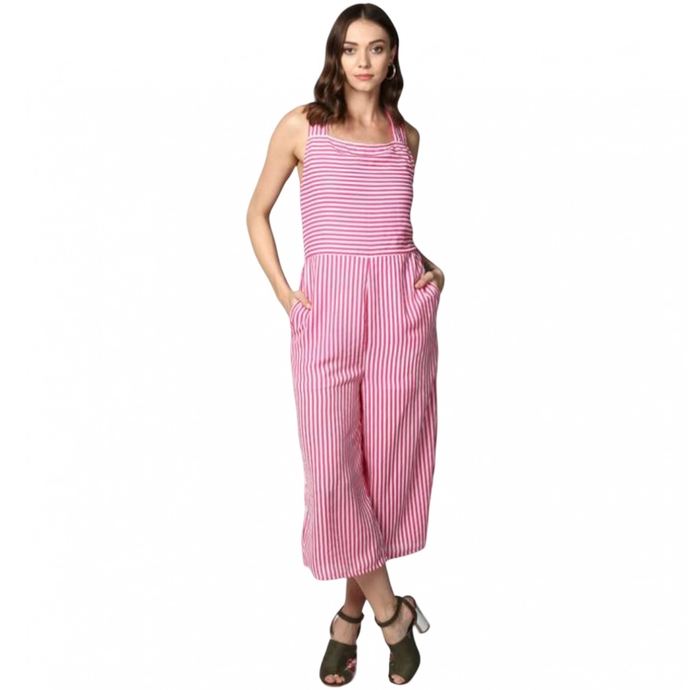 Femilyn Women's Polyester Striped Sleeveless Jumpsuit (Pink)